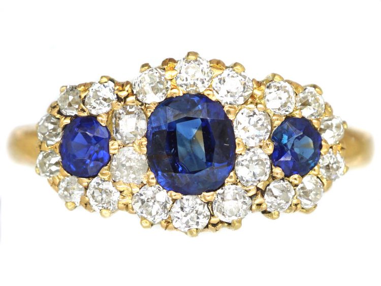 Edwardian 18ct Gold Triple Cluster Ring set with Sapphires & Diamonds