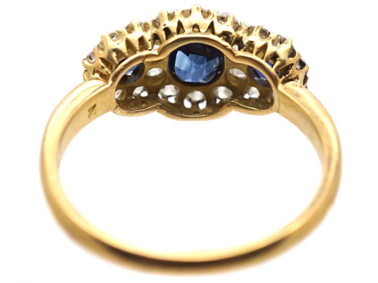 Edwardian 18ct Gold Triple Cluster Ring set with Sapphires & Diamonds