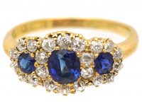 Edwardian 18ct Gold Triple Cluster Ring set with Sapphires & Diamonds