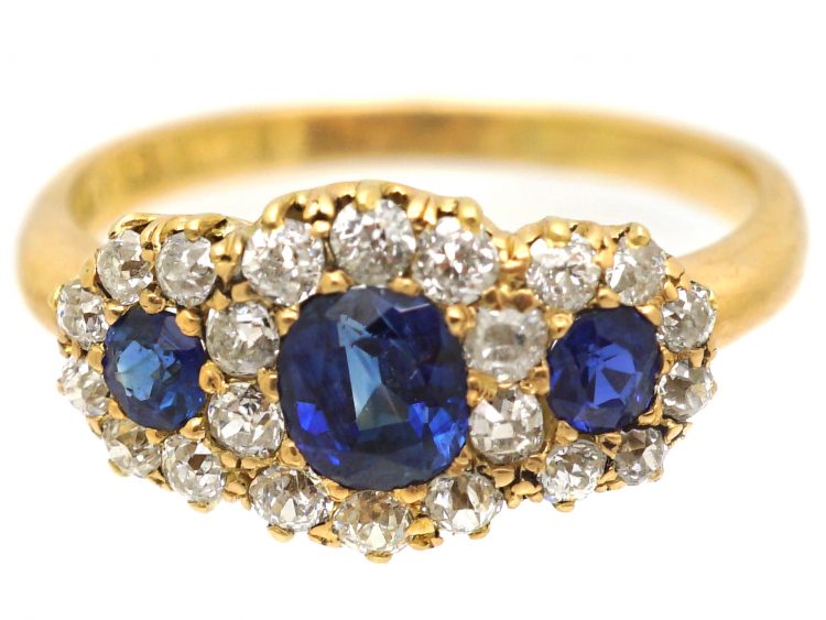 Edwardian 18ct Gold Triple Cluster Ring set with Sapphires & Diamonds