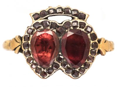 Georgian 9ct Gold Twin Hearts Ring set with Flat Cut Almandine Garnets