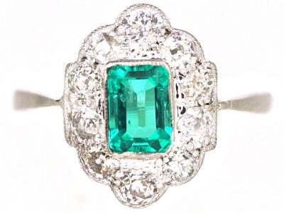 Art Deco 18ct White Gold & Platinum, Emerald & Diamond Oval Cluster Ring