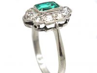 Art Deco 18ct White Gold & Platinum, Emerald & Diamond Oval Cluster Ring