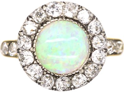 Victorian 18ct Gold & Silver Opal & Diamond Cluster Ring with Diamond set Shoulders