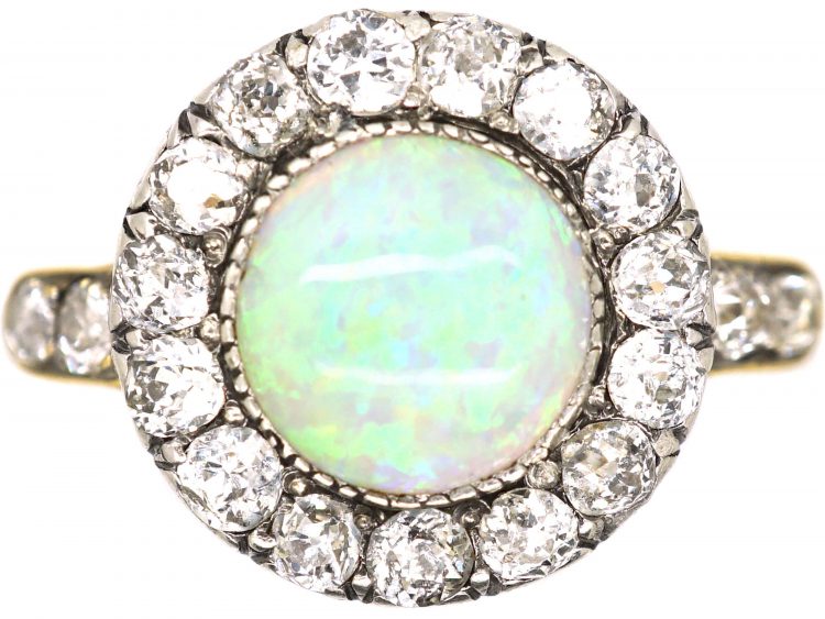 Victorian 18ct Gold & Silver Opal & Diamond Cluster Ring with Diamond set Shoulders
