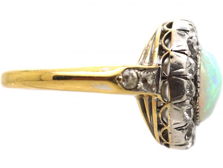 Victorian 18ct Gold & Silver Opal & Diamond Cluster Ring with Diamond set Shoulders