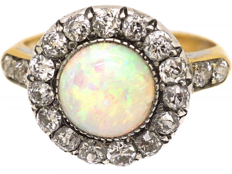 Victorian 18ct Gold & Silver Opal & Diamond Cluster Ring with Diamond set Shoulders