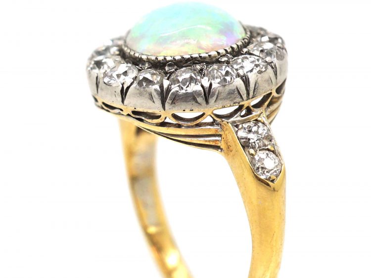 Victorian 18ct Gold & Silver Opal & Diamond Cluster Ring with Diamond set Shoulders
