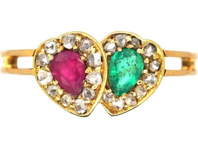 Edwardian 15ct Gold Double Heart Ring set with an Emerald & a Ruby & Rose Diamonds