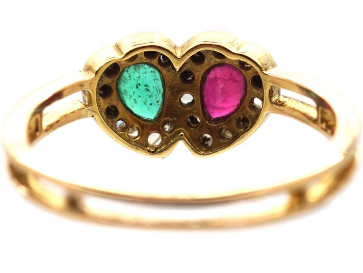 Edwardian 15ct Gold Double Heart Ring set with an Emerald & a Ruby & Rose Diamonds