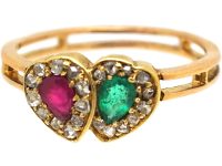 Edwardian 15ct Gold Double Heart Ring set with an Emerald & a Ruby & Rose Diamonds
