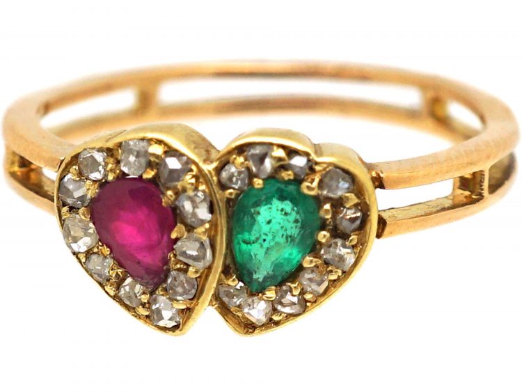 Edwardian 15ct Gold Double Heart Ring set with an Emerald & a Ruby & Rose Diamonds
