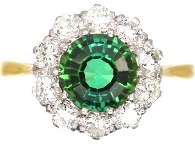 Mid 20th Century 18ct Gold & Platinum, Green Tourmaline & Diamond Cluster Ring