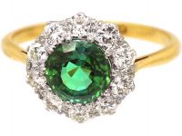 Mid 20th Century 18ct Gold & Platinum, Green Tourmaline & Diamond Cluster Ring