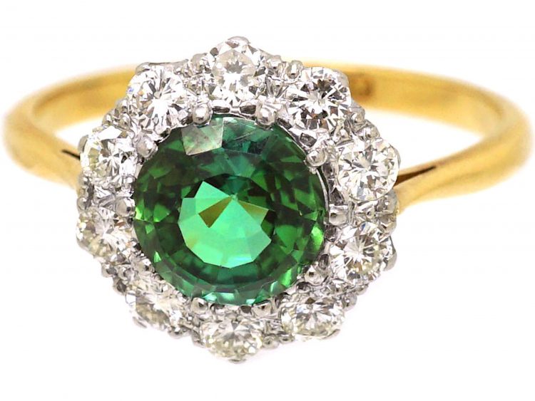 Mid 20th Century 18ct Gold & Platinum, Green Tourmaline & Diamond Cluster Ring