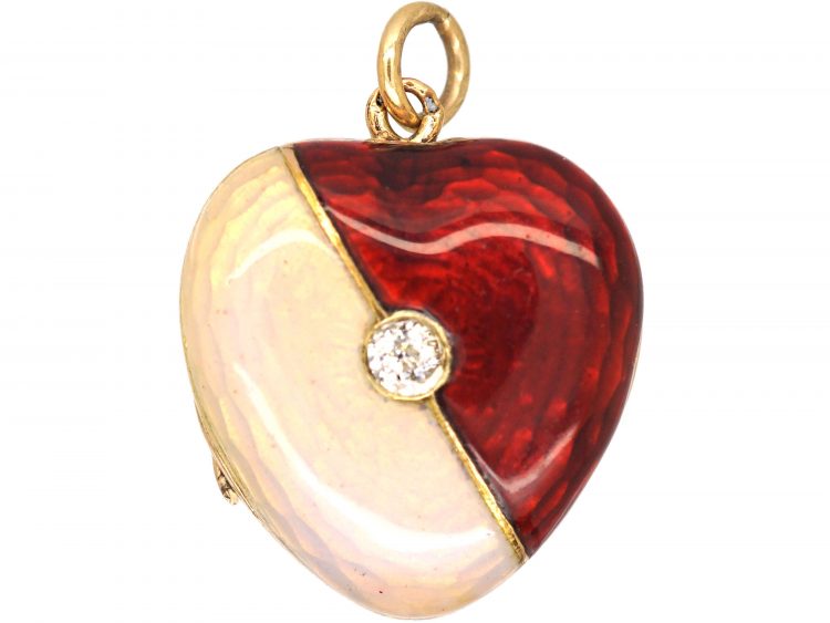 Edwardian 15ct Gold, Red & Cream Enamel Heart Shaped Pendant set with a Diamond