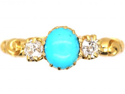 Victorian 18ct Gold Cabochon Turquoise & Diamond Three Stone Ring