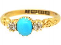 Victorian 18ct Gold Cabochon Turquoise & Diamond Three Stone Ring