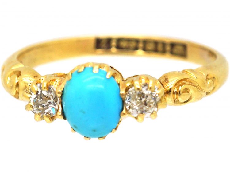 Victorian 18ct Gold Cabochon Turquoise & Diamond Three Stone Ring