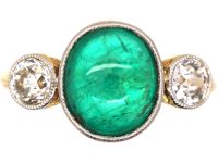 French Art Deco 18ct Gold & Platinum, Cabochon Emerald & Diamond Ring
