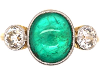French Art Deco 18ct Gold & Platinum, Cabochon Emerald & Diamond Ring