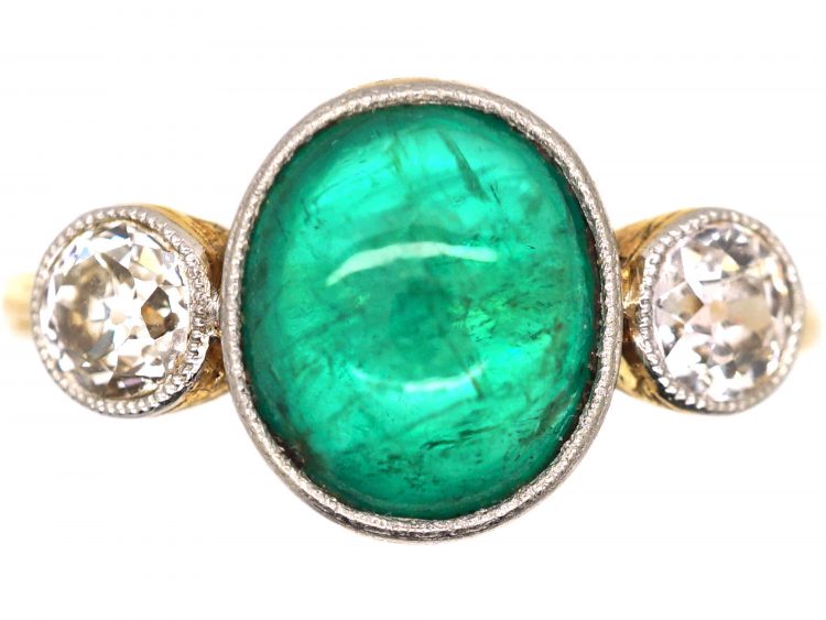 French Art Deco 18ct Gold & Platinum, Cabochon Emerald & Diamond Ring