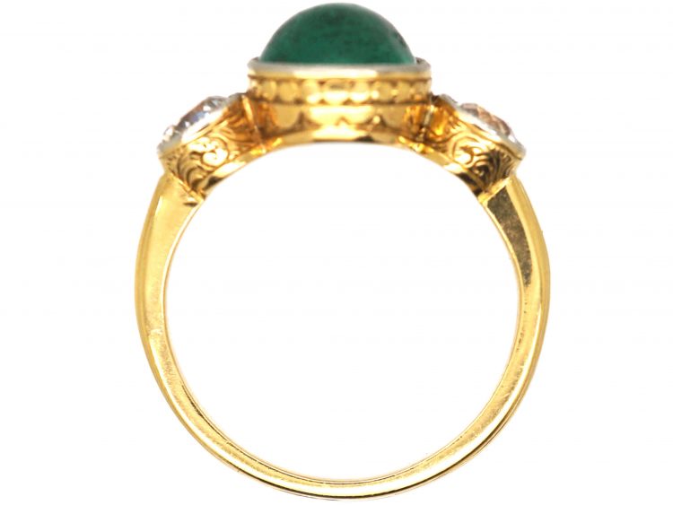 French Art Deco 18ct Gold & Platinum, Cabochon Emerald & Diamond Ring