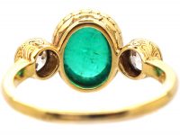 French Art Deco 18ct Gold & Platinum, Cabochon Emerald & Diamond Ring