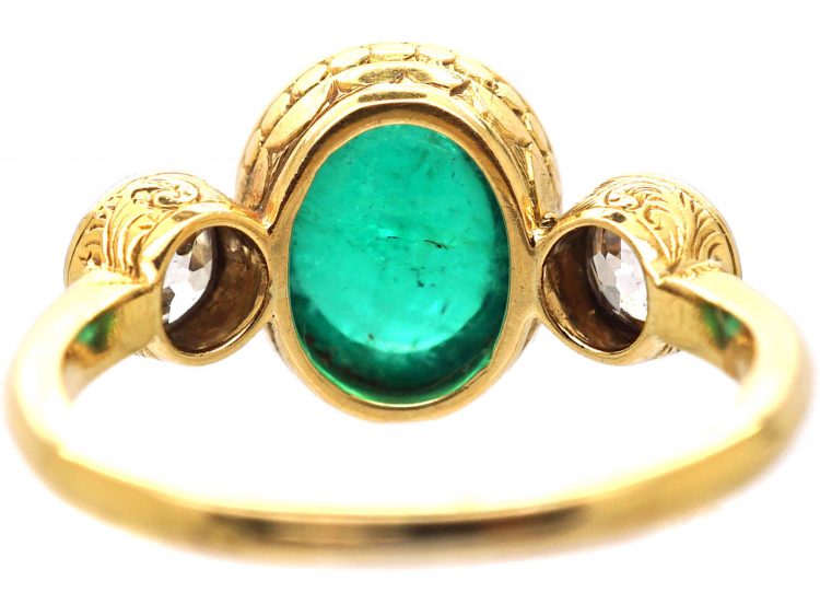 French Art Deco 18ct Gold & Platinum, Cabochon Emerald & Diamond Ring