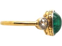 French Art Deco 18ct Gold & Platinum, Cabochon Emerald & Diamond Ring