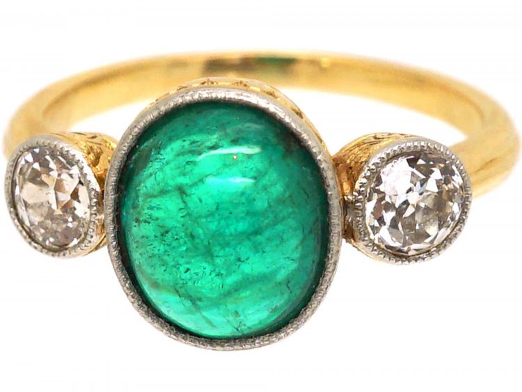 French Art Deco 18ct Gold & Platinum, Cabochon Emerald & Diamond Ring