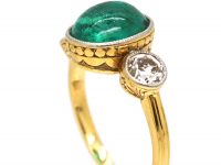 French Art Deco 18ct Gold & Platinum, Cabochon Emerald & Diamond Ring