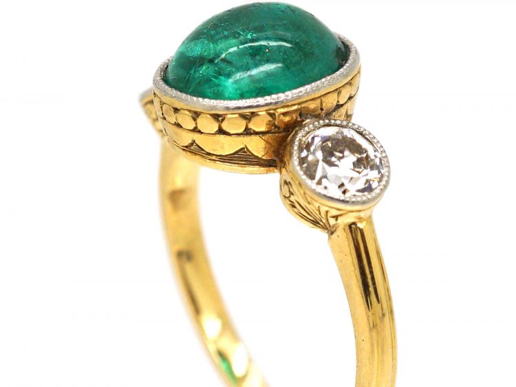 French Art Deco 18ct Gold & Platinum, Cabochon Emerald & Diamond Ring