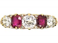 Victorian 18ct Gold, Five Stone Ruby & Diamond Carved Half Hoop Ring