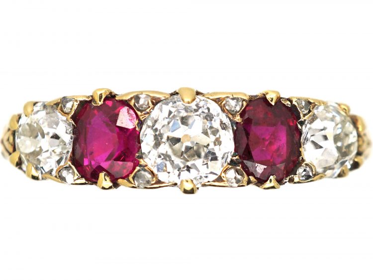 Victorian 18ct Gold, Five Stone Ruby & Diamond Carved Half Hoop Ring