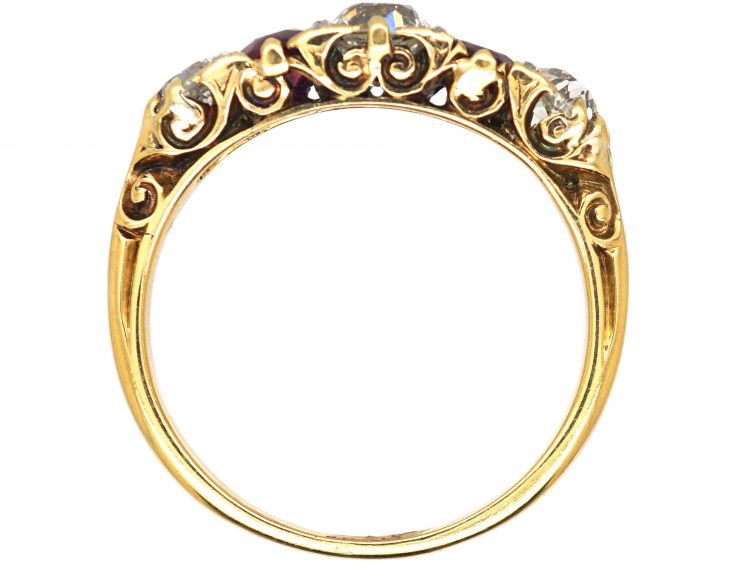 Victorian 18ct Gold, Five Stone Ruby & Diamond Carved Half Hoop Ring