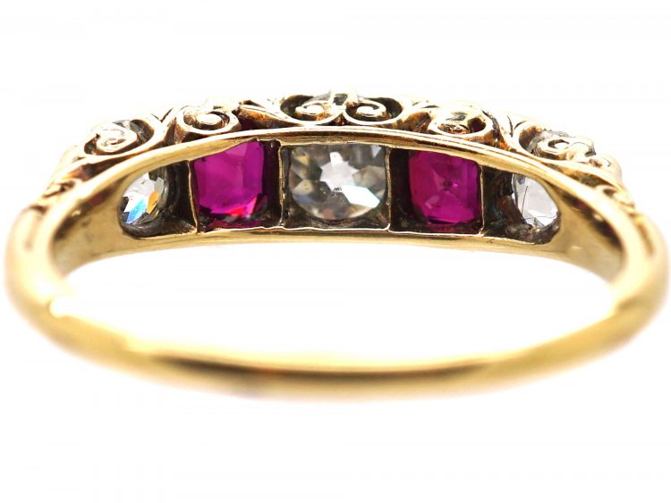 Victorian 18ct Gold, Five Stone Ruby & Diamond Carved Half Hoop Ring