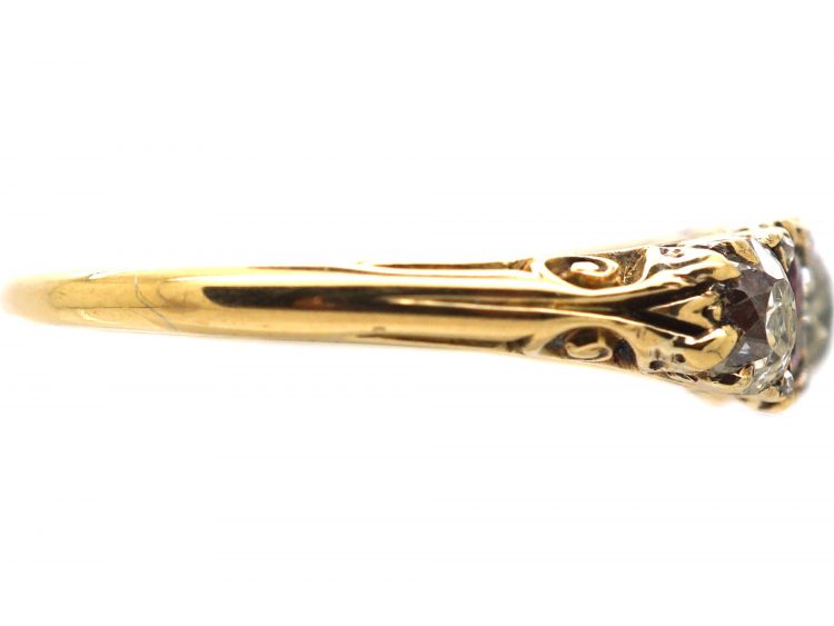 Victorian 18ct Gold, Five Stone Ruby & Diamond Carved Half Hoop Ring