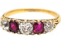 Victorian 18ct Gold, Five Stone Ruby & Diamond Carved Half Hoop Ring
