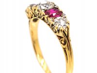 Victorian 18ct Gold, Five Stone Ruby & Diamond Carved Half Hoop Ring