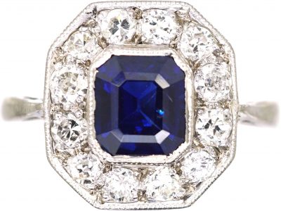 18ct White Gold Octagonal Cluster Ring set with a Sapphire & Diamonds
