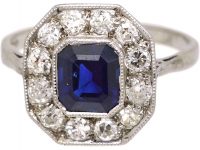 18ct White Gold Octagonal Cluster Ring set with a Sapphire & Diamonds