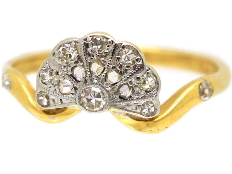 Art Deco 18ct Gold & Platinum Fan Shaped Ring set with Diamonds