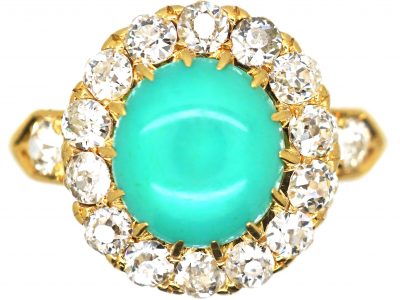 Edwardian 18ct Gold Turquoise & Diamond Cluster Ring with Diamond set Shoulders