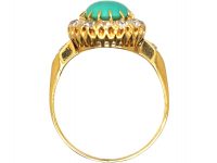Edwardian 18ct Gold Turquoise & Diamond Cluster Ring with Diamond set Shoulders