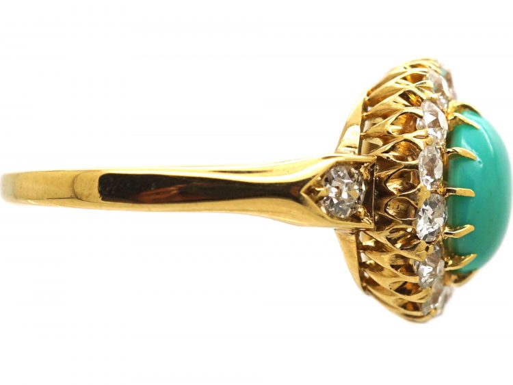 Edwardian 18ct Gold Turquoise & Diamond Cluster Ring with Diamond set Shoulders
