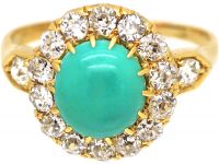 Edwardian 18ct Gold Turquoise & Diamond Cluster Ring with Diamond set Shoulders