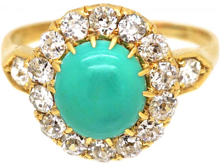 Edwardian 18ct Gold Turquoise & Diamond Cluster Ring with Diamond set Shoulders