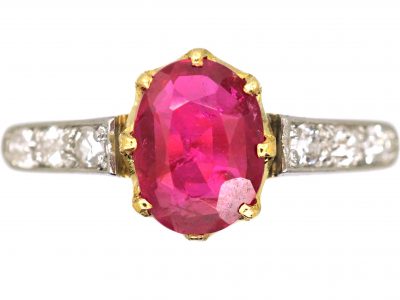 Edwardian 18ct Gold & Platinum, Ruby Solitaire Ring with Diamond set Shoulders