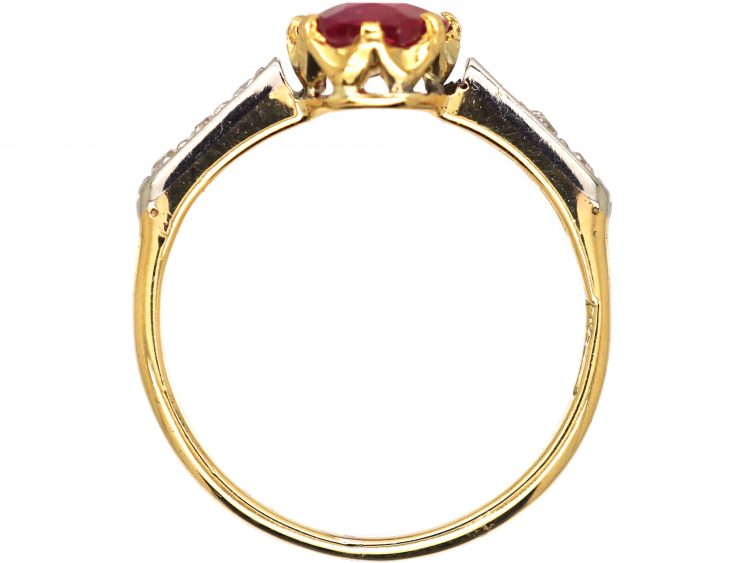 Edwardian 18ct Gold & Platinum, Ruby Solitaire Ring with Diamond set Shoulders